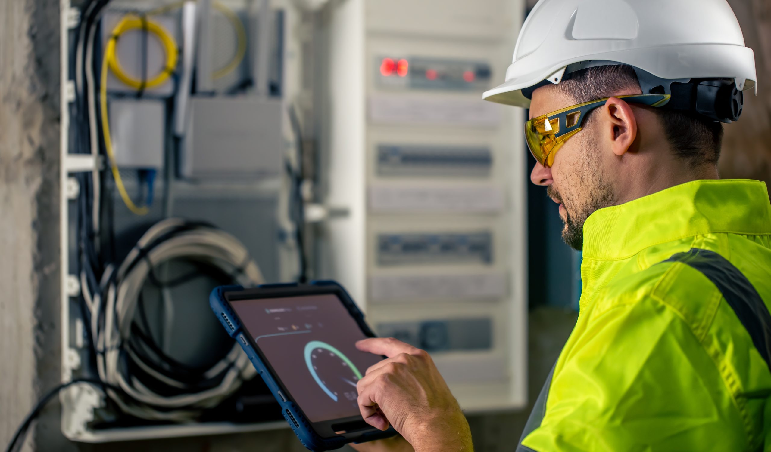 Man an electrical technician working in a switchboard with fuses, uses a tablet. ITPro - IT Solution Divi Child Theme Image 19